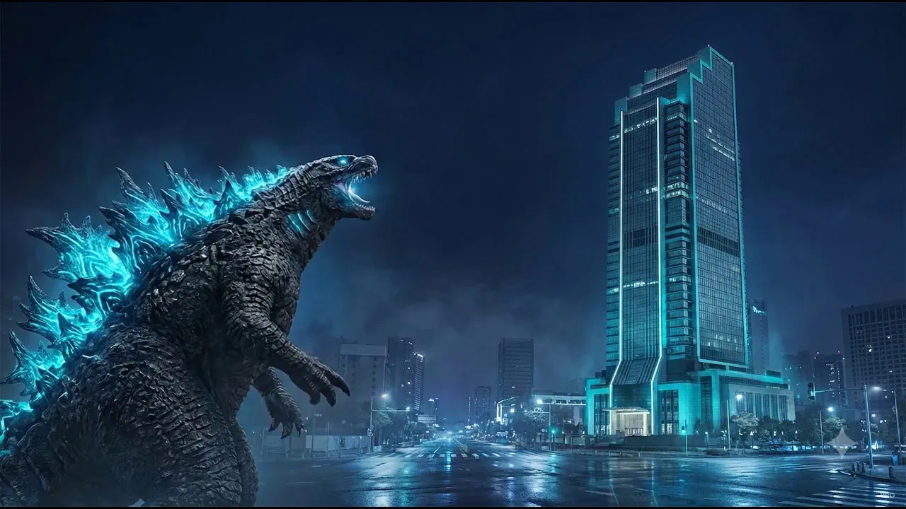 Godzilla facing a futuristic city as an AI animation unfolds